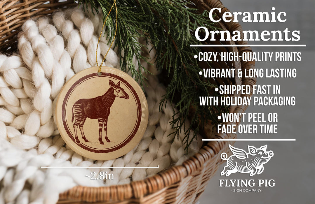 Ceramic ornaments, featuring a ceramic ornament with a zebra design, are displayed in a wicker basket.