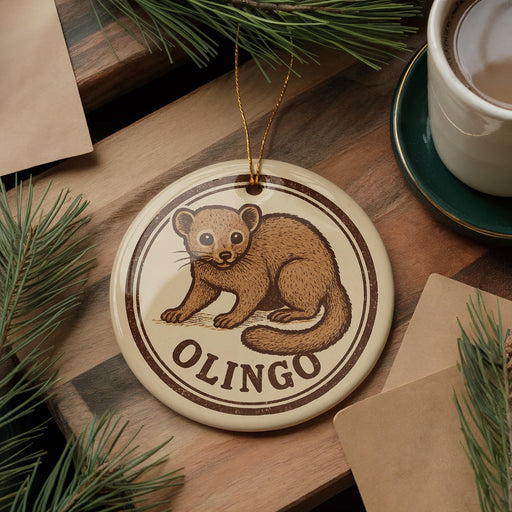 A round ornament featuring a cartoon image of an animal, possibly a rodent or a small mammal, with the word "OLINGO" written around it. The ornament is hanging from a string, and there is a cup of coffee and some pine branches in the background.