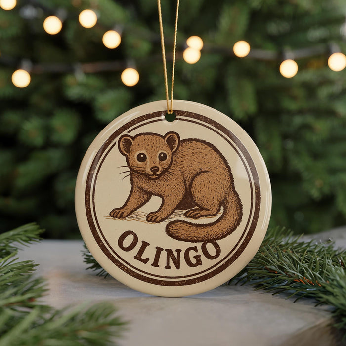 A round ornament featuring a brown cartoon-like animal, possibly a bear or a similar creature, with the word "OLINGO" written around it. The ornament is hanging from a string, and there are pine branches visible in the background.