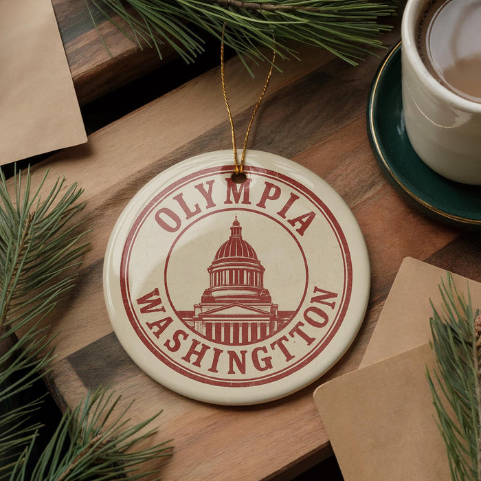 A circular ornament with the text "OLYMPIA WASHINGTON" and a graphic of the Washington State Capitol building, placed on a wooden surface alongside pine branches and a cup of coffee.