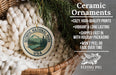 Ceramic ornaments, featuring a design of the Olympic National Park USA, are displayed in a woven basket.