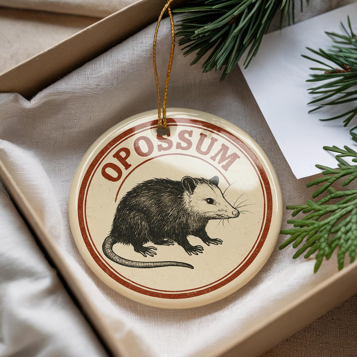 A round ornament with the word "OPOSSIUM" printed on it, featuring an illustration of a small animal, is displayed in a box with pine branches.