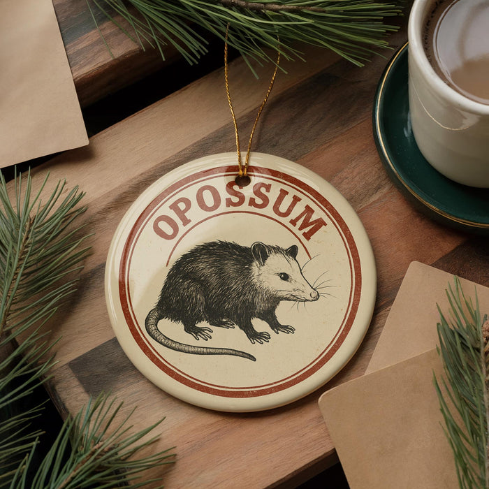 A circular ornament with the word "OPOSSIUM" printed on it, featuring an illustration of a small opossum. The ornament is hanging from a string, and there are pine branches and a cup of coffee visible in the background.