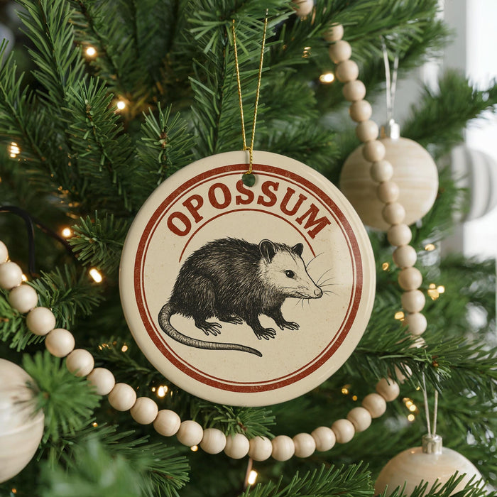 A Christmas tree decorated with ornaments, including a circular ornament with a picture of an opossum and the word "OPOSSIUM" written on it.