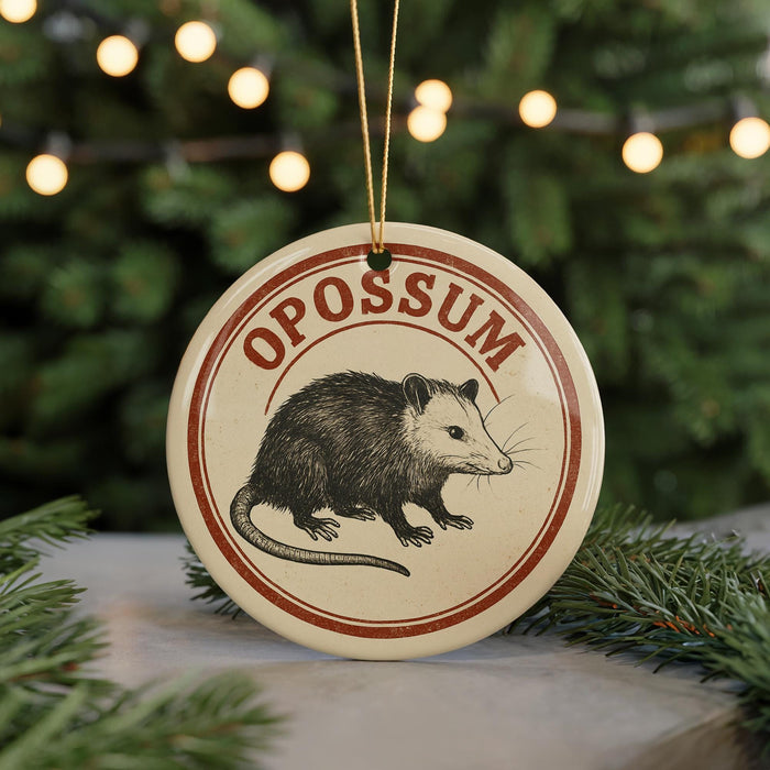 A circular ornament with the word "OPOSSIUM" printed on it, featuring an illustration of a raccoon or opossum.