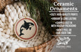 Ceramic ornaments, featuring a black and white image of a whale, are displayed in a woven basket.