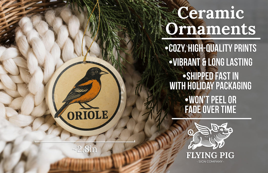 Ceramic ornaments, specifically a ceramic ornament with a bird design, are displayed in a wicker basket.