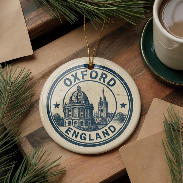 A decorative ornament featuring the image of Oxford, England, with a cup of coffee and pine branches in the background.