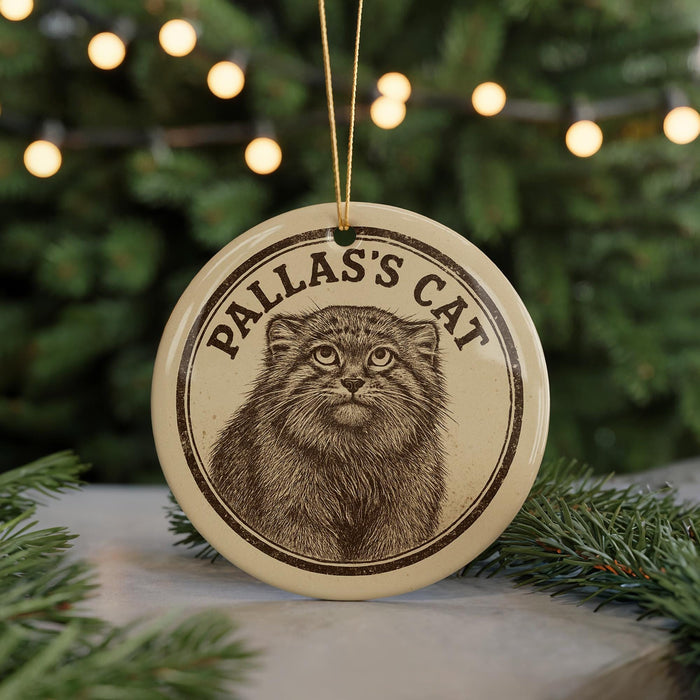 A circular ornament featuring a close-up image of a cat's face, with the text "PALLAS'S CAT" printed on it.
