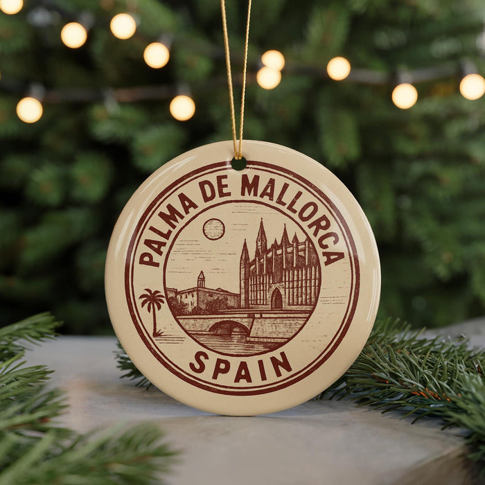 A circular ornament with the text "PALMA DE MALLORCA" and "SPAIN" printed on it, hanging from a string.