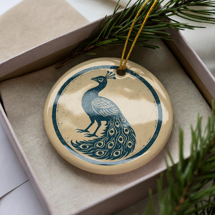 A decorative ornament in a box, featuring a blue and white design of a peacock.