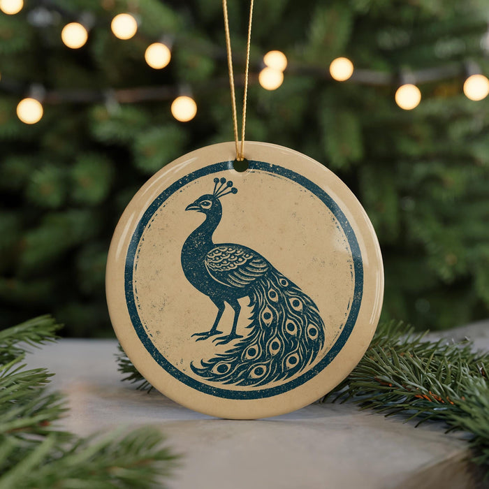 A round ornament featuring a blue peacock design is displayed against a blurred background of a Christmas tree with twinkling lights.