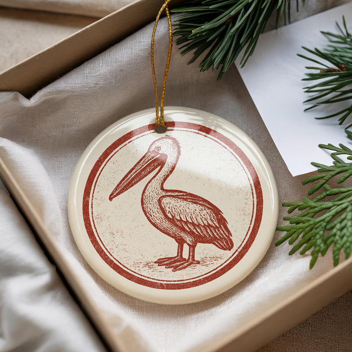 A round ornament featuring a pelican is displayed in a box, surrounded by pine branches and a white card.
