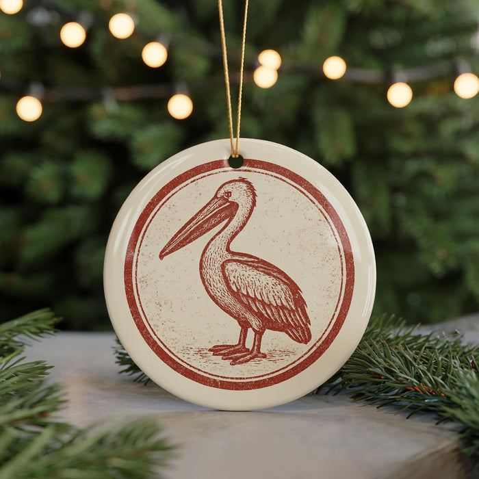 A round ornament featuring a pelican is displayed on a table, with a blurred background of a Christmas tree and twinkling lights.