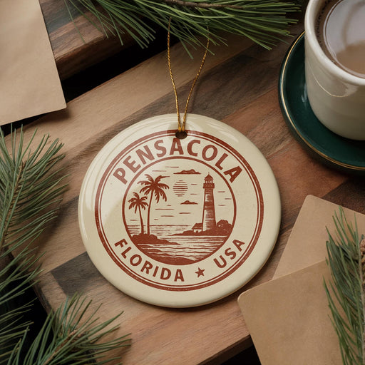 A circular ornament with the text "PENSCOLA FLORIDA USA" and a lighthouse illustration is displayed on a wooden surface, surrounded by pine branches and a cup of coffee.