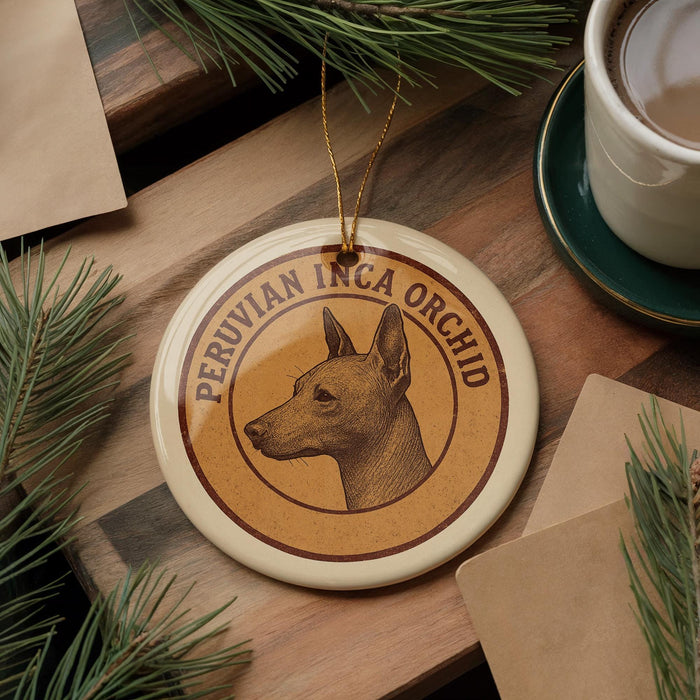 a round ornament with a Peruvian Inca orchid design, placed on a wooden surface alongside a cup of coffee and some pine branches.