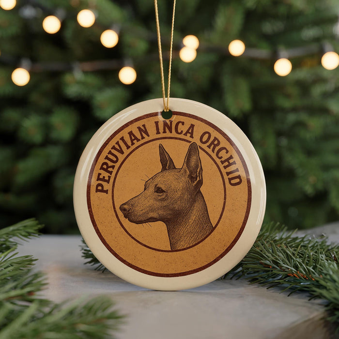 A round ornament featuring a Peruvian Inca orchid dog, with the text "PERUVIAN INCA ORCHID" around the dog's head.