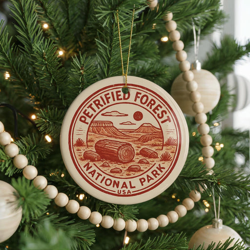 A Christmas tree decorated with ornaments, including a circular ornament with a red and white design that says "PetriFied Forest National Park USA".