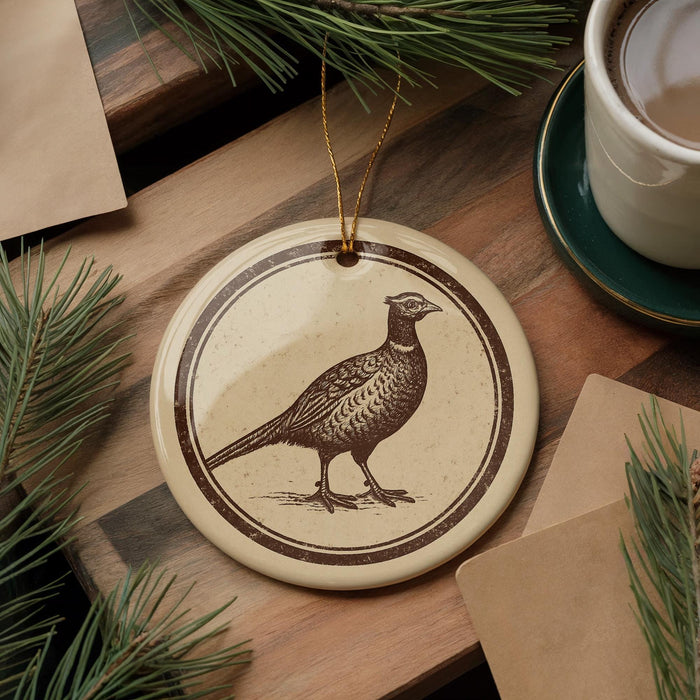 a round ornament with a bird illustration on it, placed on a wooden surface next to a cup of coffee and some pine branches.