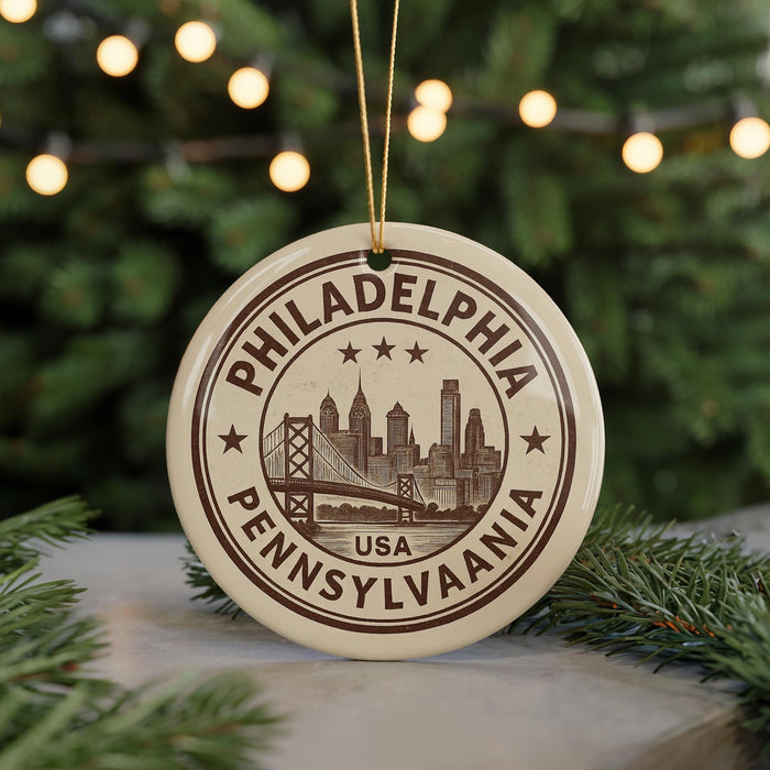 A circular ornament with the text "PHILADELPHIA PENNSYLVANIA USA" printed on it, featuring an illustration of a city skyline.