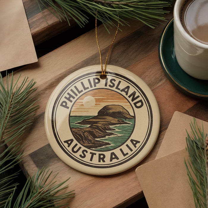 A circular ornament with the text "PHILLIP ISLAND AUSTRALIA" is displayed on a wooden surface, surrounded by pine branches and a cup of coffee.