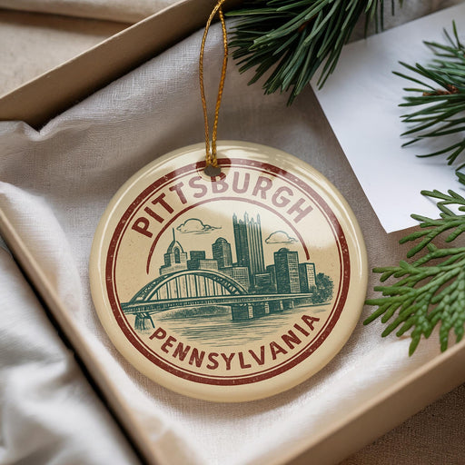 A circular ornament with the text "PITTSBURGH PENNSYLVANIA" and an illustration of a bridge and skyline, hanging from a string.