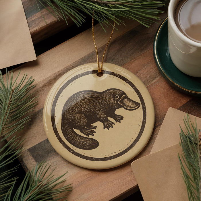 a round ornament with a black and white illustration of a platypus on a wooden surface, surrounded by pine branches and a cup of coffee.