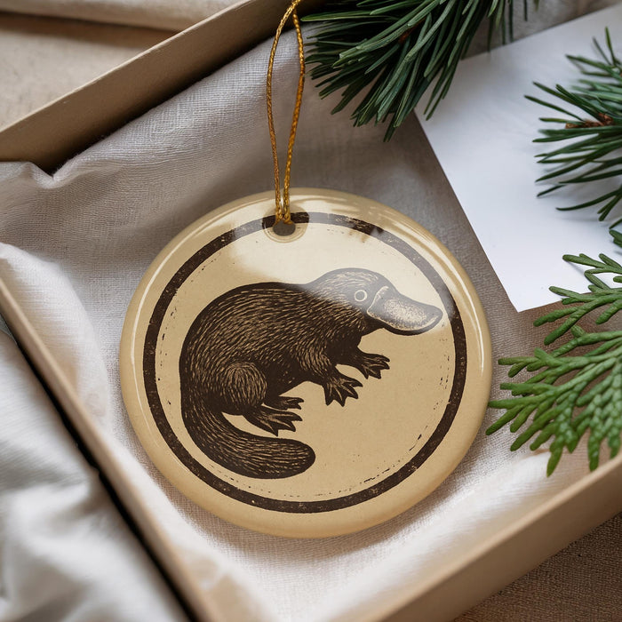 A round ornament featuring a black and brown illustration of a platypus is displayed in a box, surrounded by pine branches.