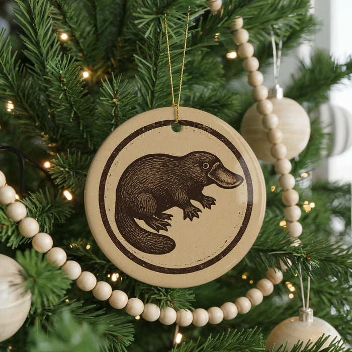 A Christmas tree decorated with ornaments, including a circular ornament featuring a cartoon image of a platypus.