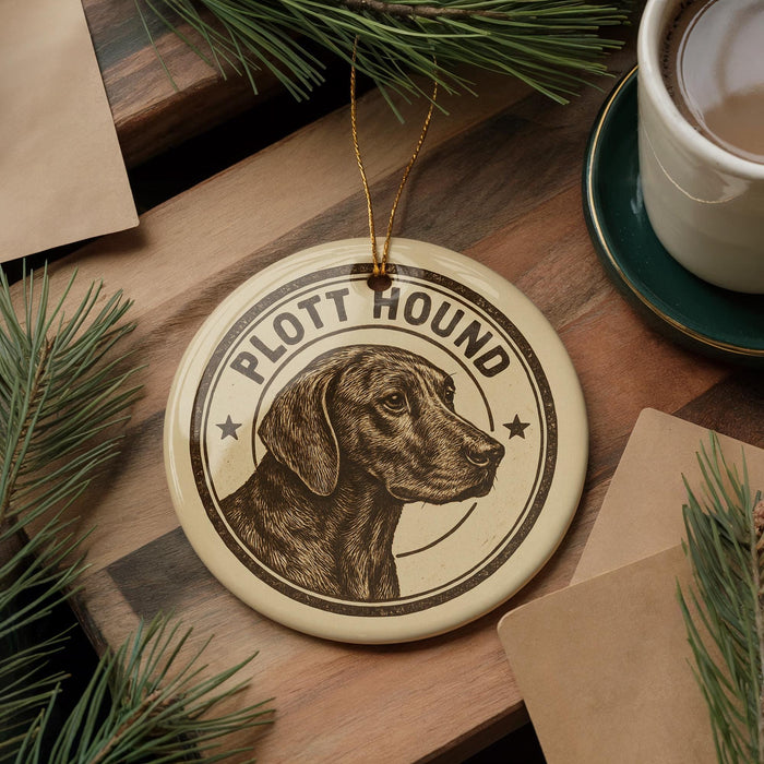 A round ornament featuring a hound dog's head, with the text "PLOTT HOUND" printed on it, is displayed on a wooden surface alongside a cup of coffee and some pine branches.