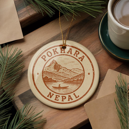 A circular ornament with the text "POKHARA NEPA" and an illustration of a mountain and river is displayed on a wooden surface, surrounded by pine branches and a cup of coffee.