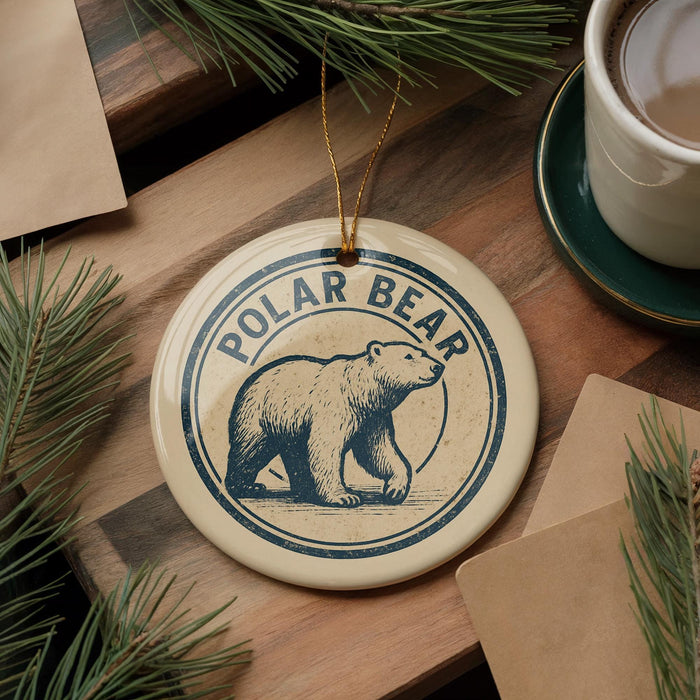 A circular ornament featuring a polar bear is displayed on a wooden surface, surrounded by pine branches and a cup of coffee.