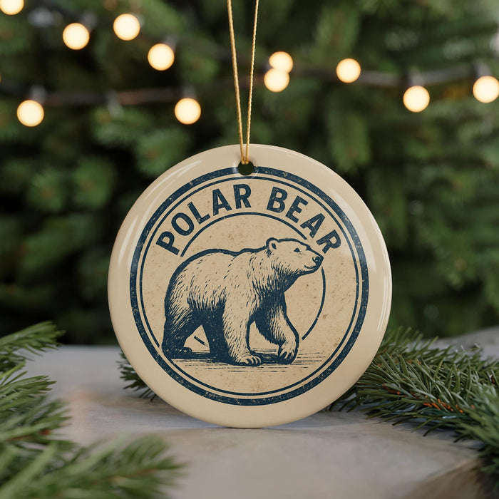 A circular ornament featuring a polar bear illustration, with the text "POLAR BEAR" prominently displayed.