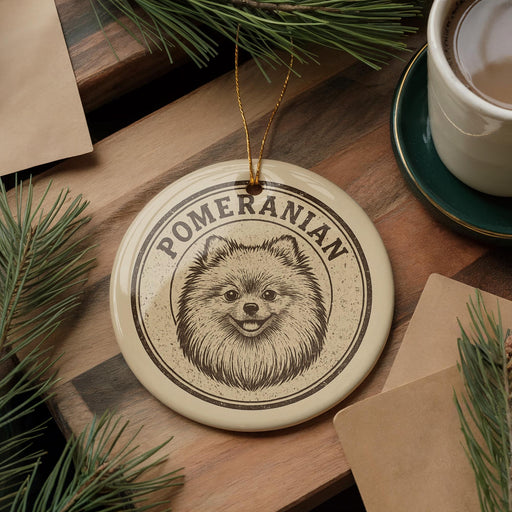 A ceramic ornament featuring a Pomeranian dog's face, with the word "POMERANIAN" written around the image. The ornament is placed on a wooden surface, with pine branches and a cup of coffee nearby.