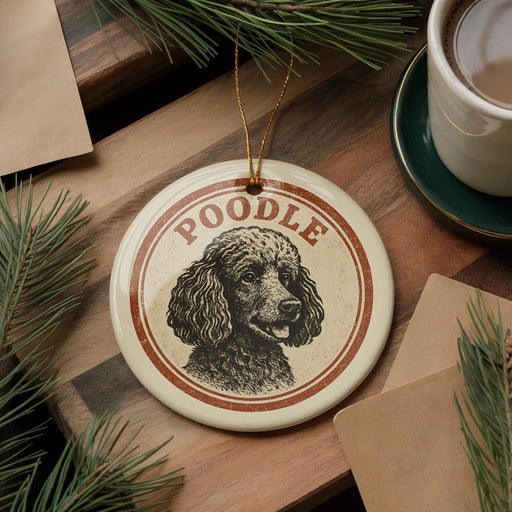 A circular ornament featuring a poodle's portrait is displayed on a wooden surface, accompanied by a cup of coffee and pine branches.