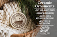 a ceramic ornament hanging from a wicker basket, with a description of the ornament and its features.