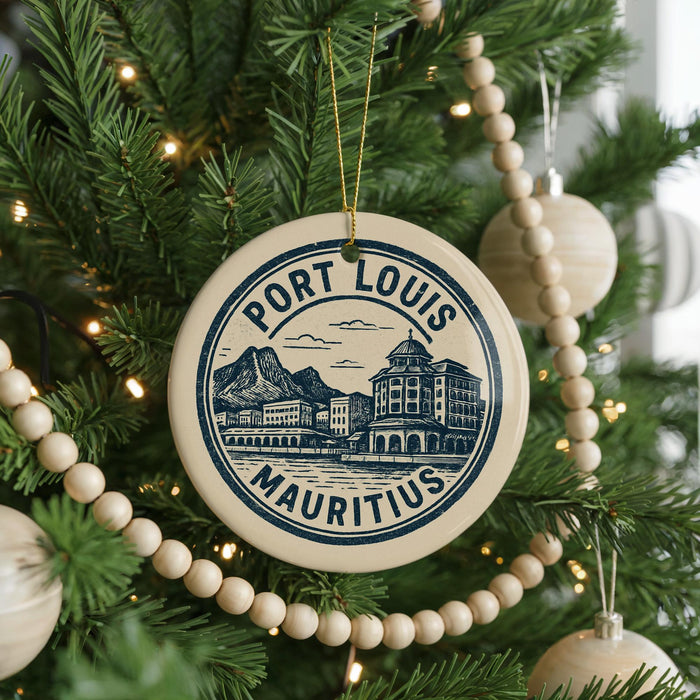 A Christmas tree decorated with ornaments, including a circular ornament with the text "PORT LOUIS MAURITIUS" and a decorative beaded string.