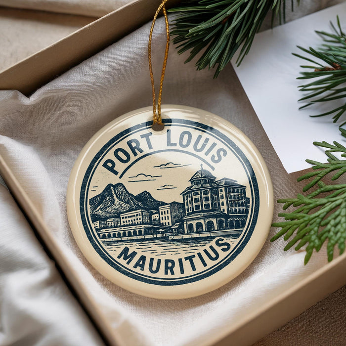 A decorative ornament with a circular design featuring a cityscape and mountains, with the text "PORT LOUIS MAURITIUS" prominently displayed.