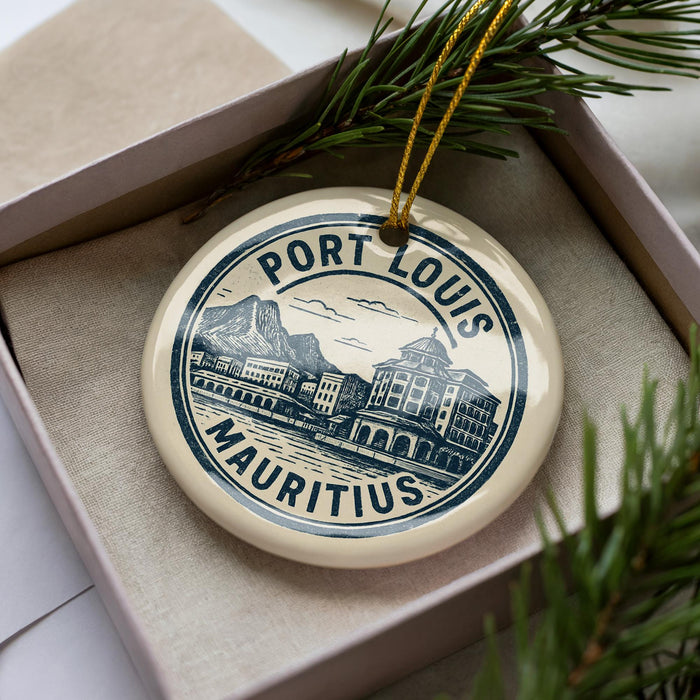 A decorative ornament in a box, featuring a circular design with text and an illustration of a building and mountains.