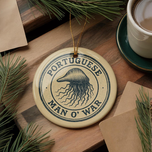 a round ornament with the text "PORTUGUESE MAN O' WAR" on it, surrounded by pine branches and a cup of coffee.
