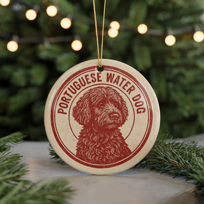 A round ornament featuring a red and white illustration of a Portuguese Water Dog, with the text "Portuguese Water Dog" around the edge.