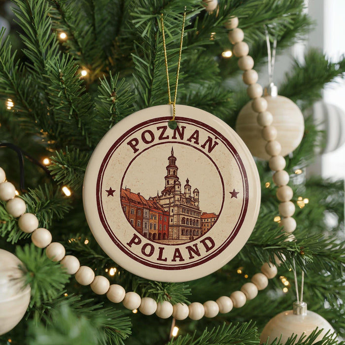 A circular ornament on a Christmas tree, featuring a picture of the Polish city of Poznan, with the text "POLAND" printed on it.