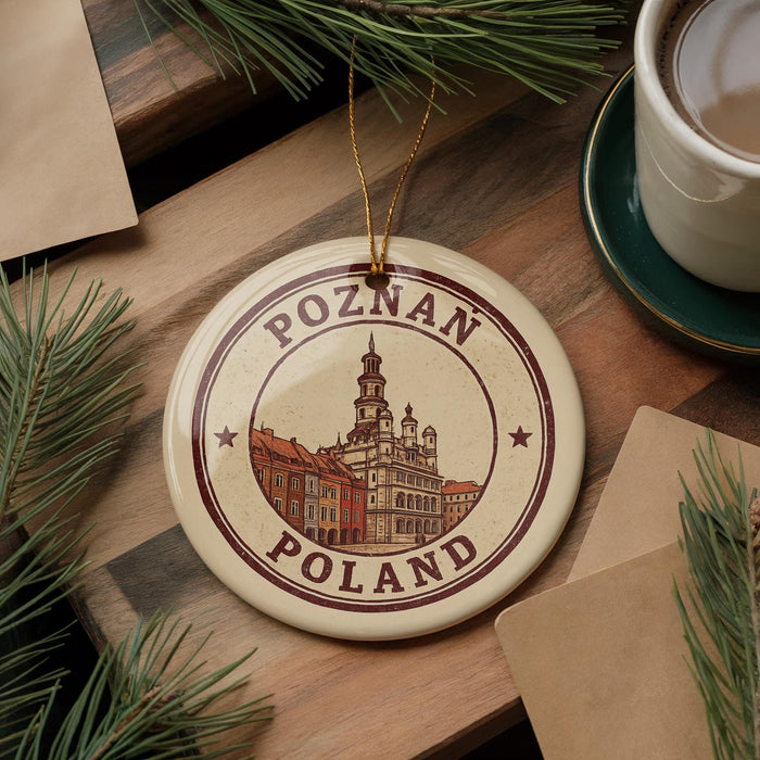 A circular ornament with the text "POZNAN POLAND" and an illustration of a building, placed on a wooden surface next to a cup of coffee and some pine branches.