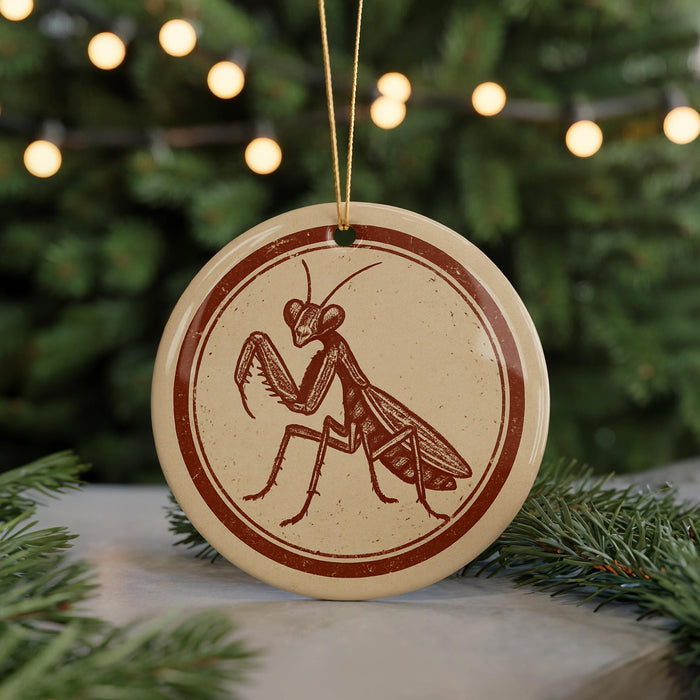 A circular ornament featuring a detailed illustration of a mantis, a type of insect, is displayed in front of a blurred background of a Christmas tree with twinkling lights.