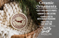 a ceramic ornament hanging from a wicker basket, with a text overlay providing information about the ornament.
