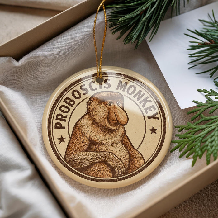 A round ornament featuring a monkey with the text "PROBOSCIIS MONKEY" on it, placed in a box with pine branches.
