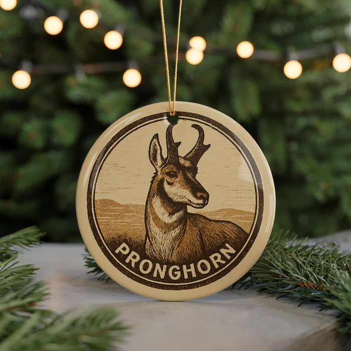 A round ornament featuring a deer with antlers, with the word "PRONGHORN" written around the deer's neck.