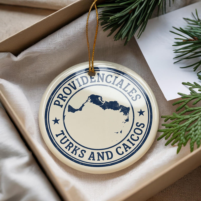 A decorative ornament with the text "PROVIDENCIALES TURKS AND CAICOS" printed on it, hanging from a string. The ornament is placed on a surface with pine branches and a white paper.