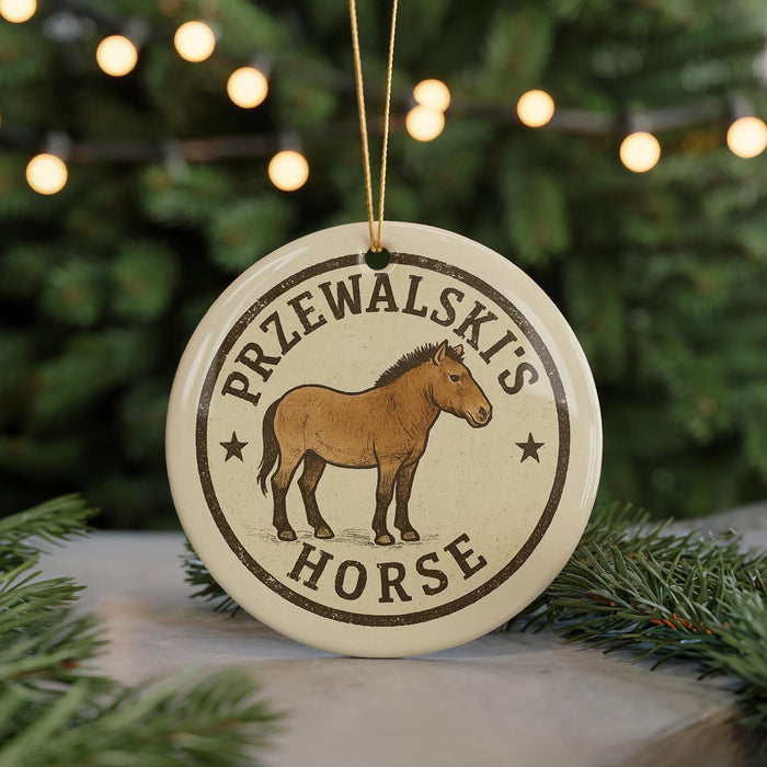 A round ornament with a brown horse image and the text "Przewalski's Horse" on it, hanging from a string.