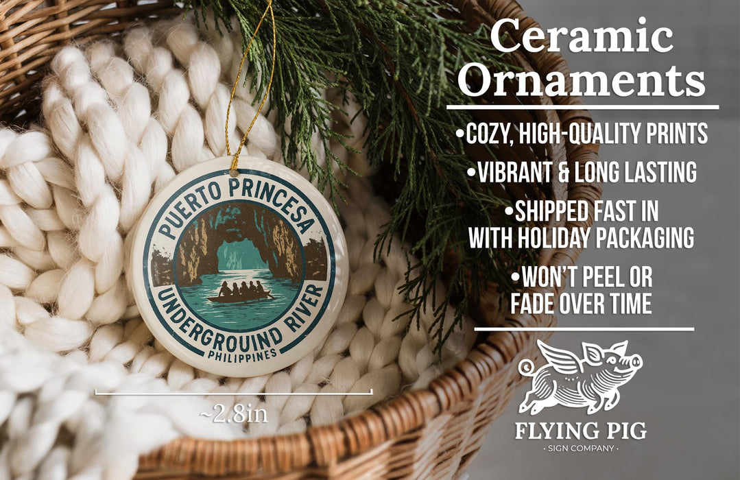 Ceramic ornaments, featuring a Puerto Princesa Underground River ornament, are displayed in a woven basket.